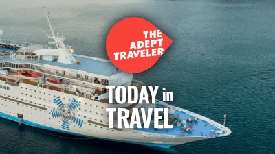 A Celestyal Cruise ship at sea with the Today in Travel Logo
