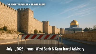 Jerusalem Old City walls under travel advisory warning.