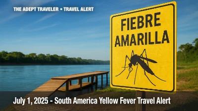 Mosquito warning sign at jungle river dock during yellow fever travel alert.