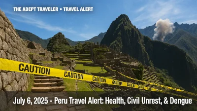 Peru travel alert image showing Machu Picchu with caution tape and protest smoke
