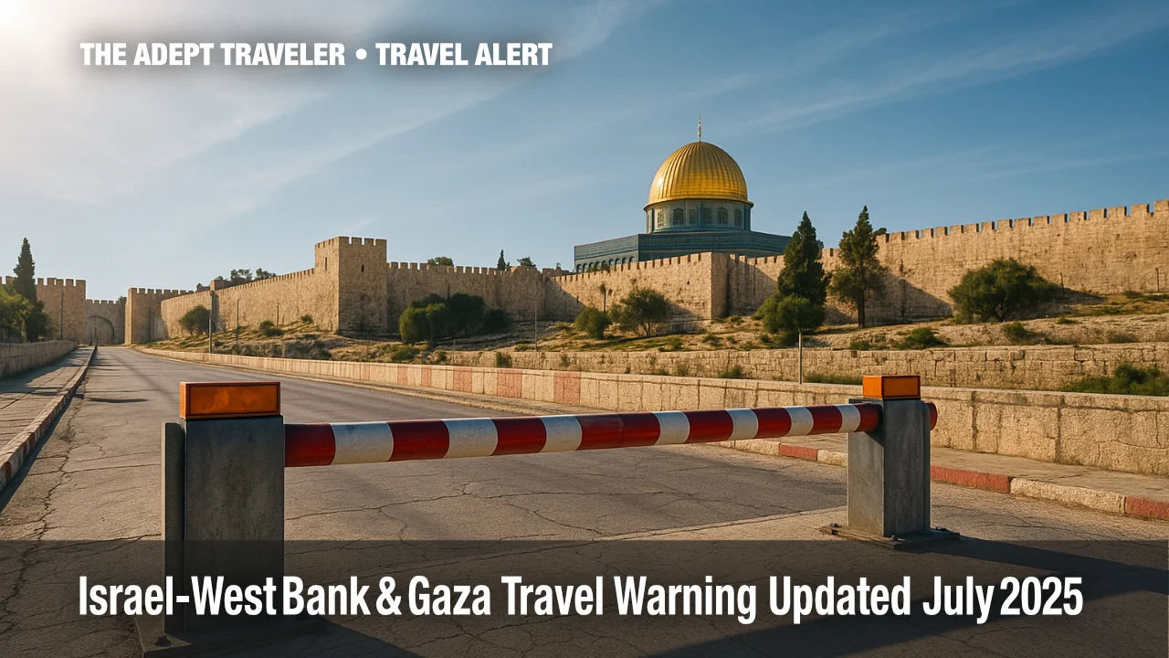 Israel travel warning image showing empty checkpoint near Old City walls.