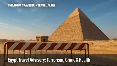 Pyramids behind checkpoint illustrating Egypt travel advisory.