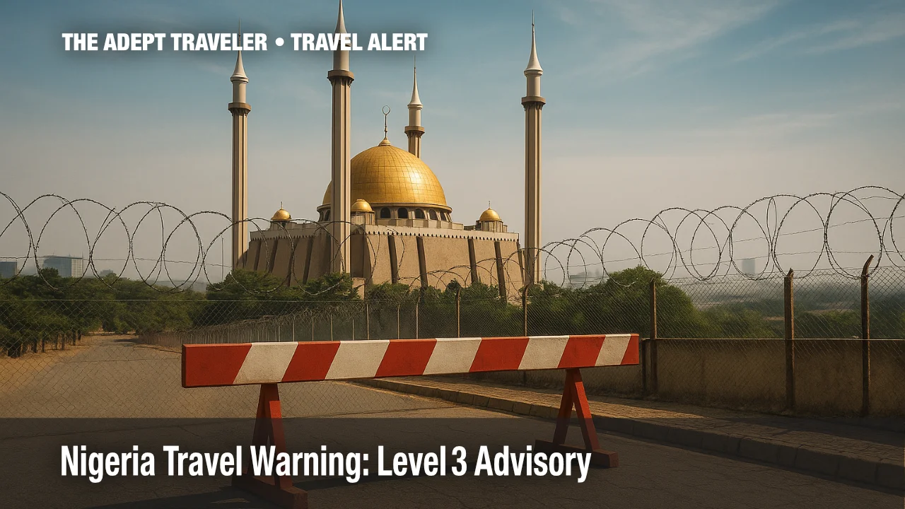 Abuja National Mosque behind checkpoint illustrating Nigeria travel warning.