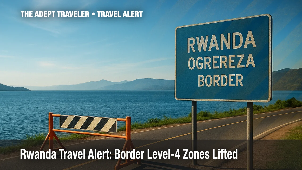 Border checkpoint sign beside Lake Kivu under clear sky illustrates Rwanda travel alert.