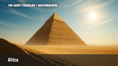 Africa continent image showing the Great Pyramid of Giza in bright desert light with blue sky and sand dunes.