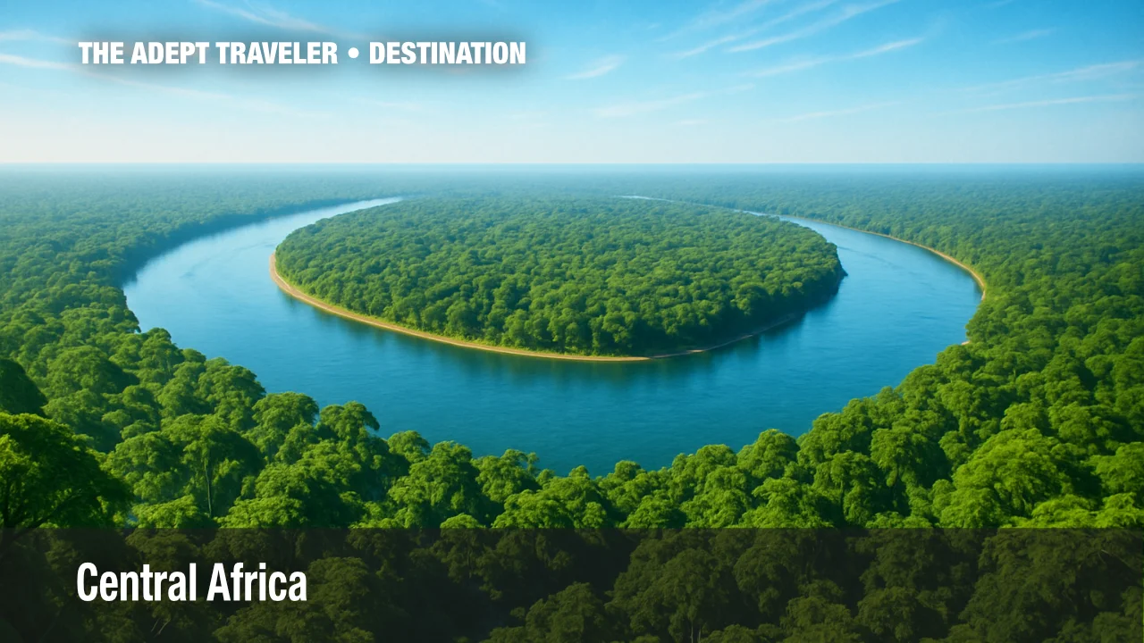 Broad Congo River cutting through dense emerald rainforest, hallmark of Middle Africa.