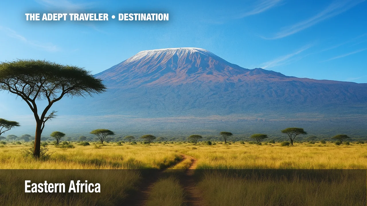 Mount Kilimanjaro above golden savanna and acacias, iconic peak of Eastern Africa.
