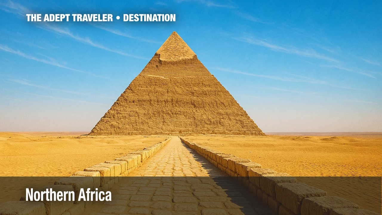 The Great Pyramid rises from sunlit Sahara sands, signature wonder of Northern Africa.