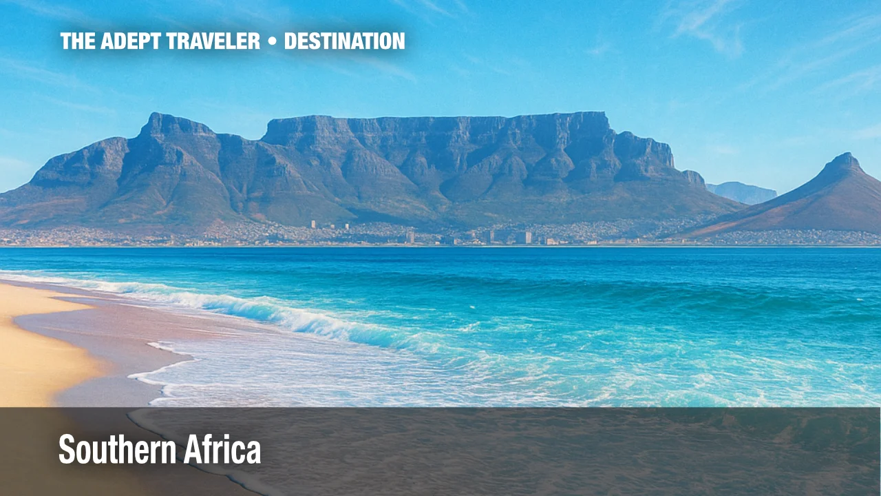 Table Mountain towering above Cape Town's sparkling bay, defining scene of Southern Africa.