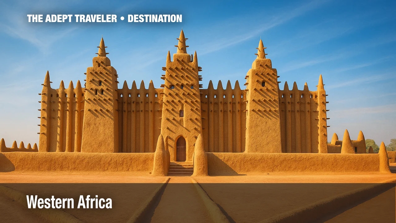 Adobe-towered Great Mosque of Djenné under clear sky, cultural icon of Western Africa.