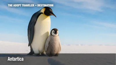 Antarctica continent image showing Emperor Penguins on snowy terrain under a pale blue sky.