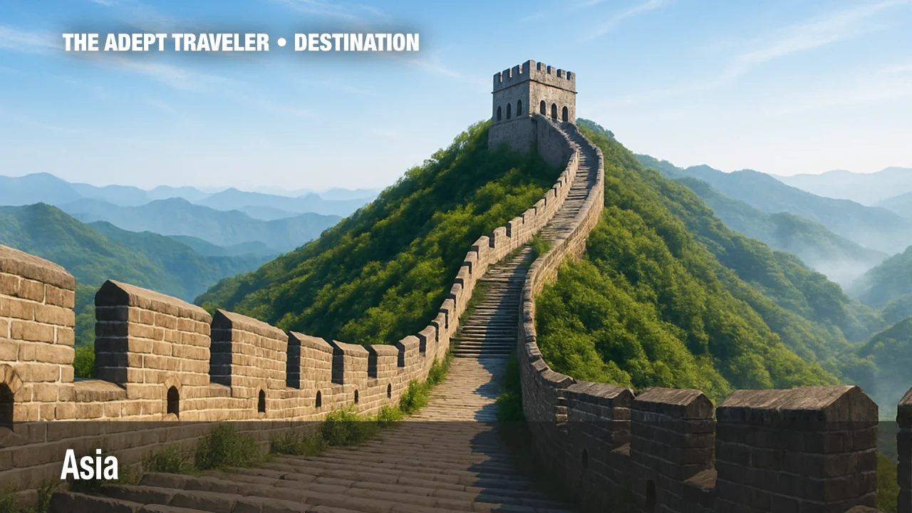 Asia continent image featuring the Great Wall of China winding over green hills beneath a vivid sky.