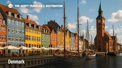 Colorful historic buildings and sailboats along the Nyhavn waterfront in Copenhagen, Denmark, on a sunny day.