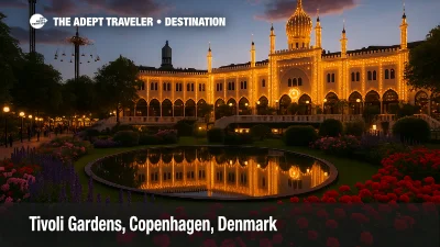 Tivoli Gardens in Copenhagen at dusk with the illuminated Nimb Hotel, flower beds, and pond reflecting golden lights.