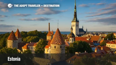 Tallinn, Estonia skyline with St. Olaf’s Church spire, medieval stone towers, and red rooftops under a golden Baltic sunset.