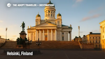 Helsinki Cathedral in Finland with its green domes and neoclassical columns glowing at sunset above Senate Square.