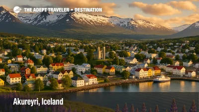 Akureyri, Iceland with colorful Nordic houses, Akureyri Church, and fjord backdrop framed by purple lupine and snow-capped peaks.