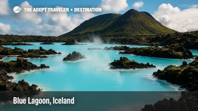 Blue Lagoon geothermal spa in Iceland with milky turquoise waters, volcanic lava rocks, and steam rising under a bright sky.