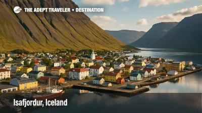 Ísafjörður, Iceland with colorful harbor buildings, fishing boats, and steep fjord mountains reflecting in calm waters.