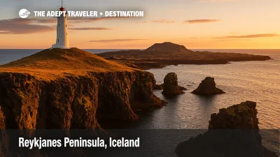 Reykjanes Peninsula in Iceland with a white lighthouse on grassy cliffs, basalt sea stacks, and golden sunset over the ocean.