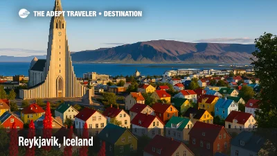 Reykjavik, Iceland with Hallgrimskirkja church rising above colorful houses, Faxaflói Bay, and distant mountains in sunlight.