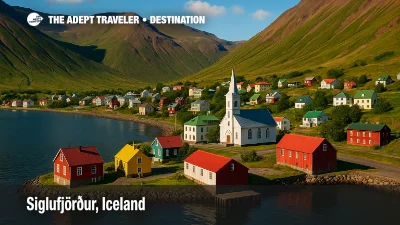 Siglufjörður, Iceland with colorful houses, white church, and harbor set against dramatic green mountains and blue fjord.