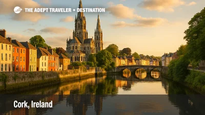 Cork, Ireland with colorful houses along the River Lee, stone bridge, and St. Fin Barre’s Cathedral glowing in sunset light.