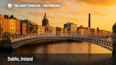 Dublin, Ireland with the Ha’penny Bridge over the River Liffey at sunset, Georgian buildings, and the Custom House dome in view.
