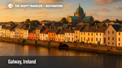Galway, Ireland with colorful Claddagh houses along the River Corrib and Galway Cathedral dome in golden afternoon light.