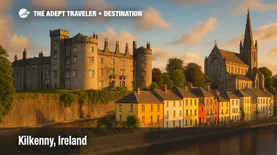 ilkenny, Ireland with Kilkenny Castle, St. Canice’s Cathedral, colorful riverside houses, and reflections in the River Nore.