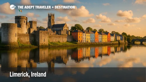 Limerick, Ireland with King John’s Castle, St. Mary’s Cathedral, colorful riverside houses, and reflections in the River Shannon.