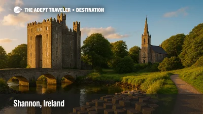 Bunratty Castle and nearby church in Shannon, Ireland, reflected in the river at sunset with lush greenery and golden light.