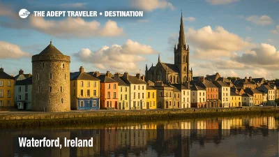 Waterford, Ireland with Reginald’s Tower, colorful riverside houses, and Gothic cathedral reflecting in the River Suir at sunset.