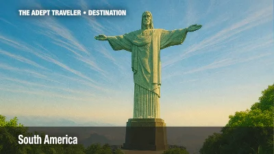 South America continent image featuring Christ the Redeemer above Rio's green hills and stone steps.