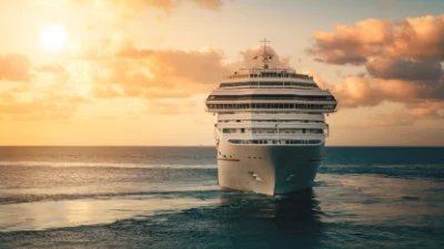 Cruise ship on the ocean during the sunset