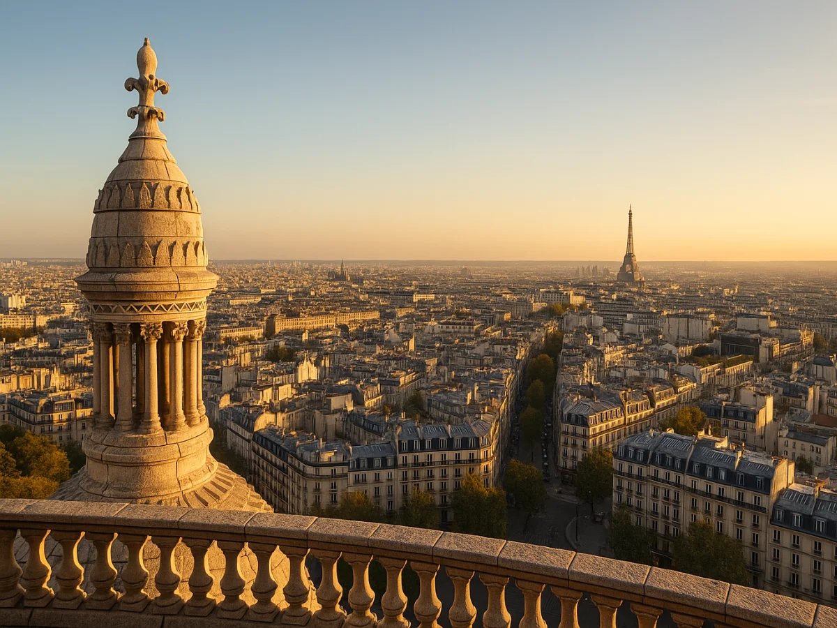 A panoramic skyline of Paris seen from the Sacré-Cœur dome, with rooftops and landmarks stretching into the distance under a hazy sky.