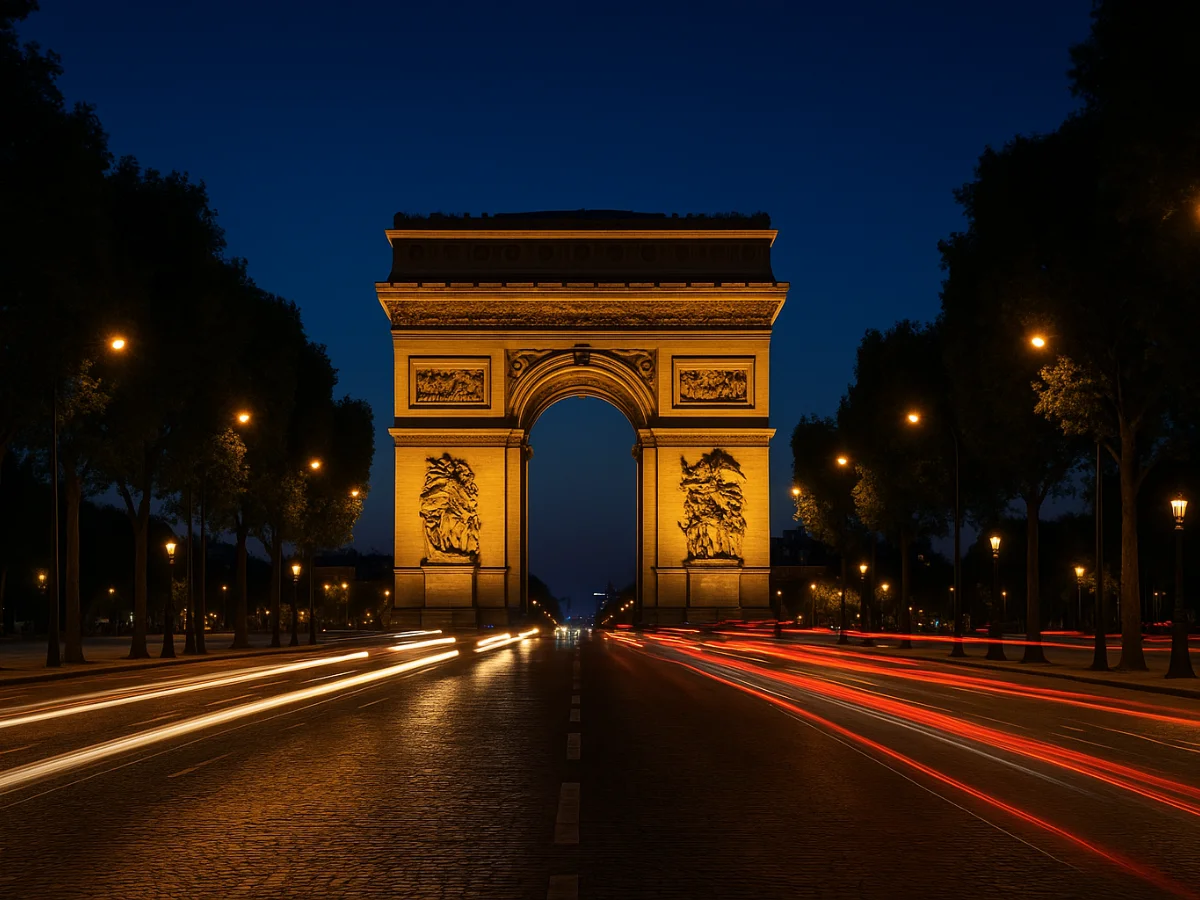 Nighttime view of the Arc de Triomphe in Paris, illuminated with golden light against a deep blue sky.