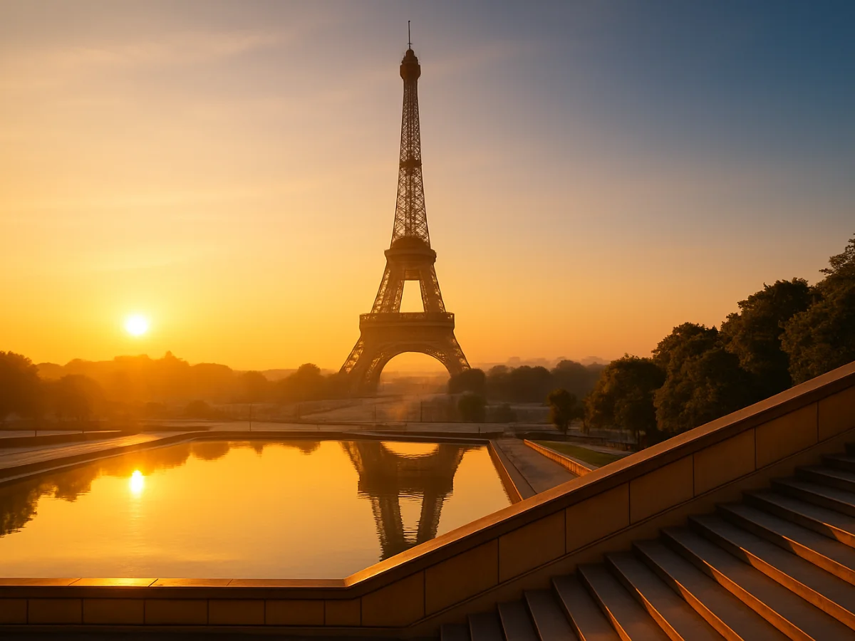 The Eiffel Tower stands tall against a warm sunrise sky, its silhouette reflecting in the Seine's waters.