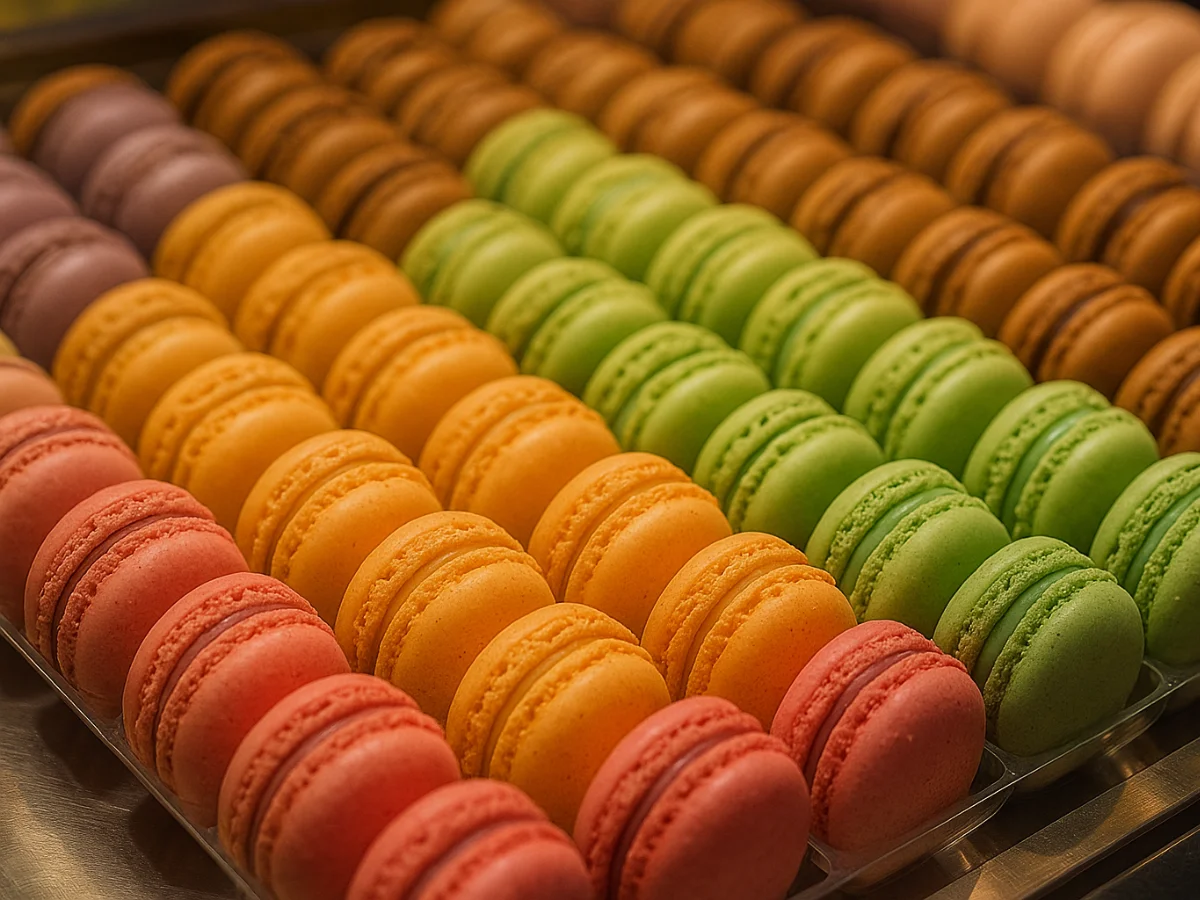 A bakery case filled with colorful Parisian macarons, each labeled with flavors and prices in euros.