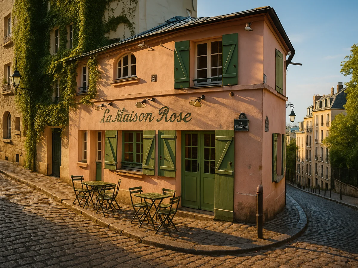 The Petite Maison Rose (Pink House) café on a cobbled Montmartre corner, framed by ivy and afternoon light.