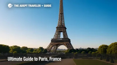 iffel Tower rising against a crystal-clear blue sky, bathed in warm late-morning sunlight and framed by leading paths from a low three-quarter front angle—an inviting hero image for this Paris travel guide.