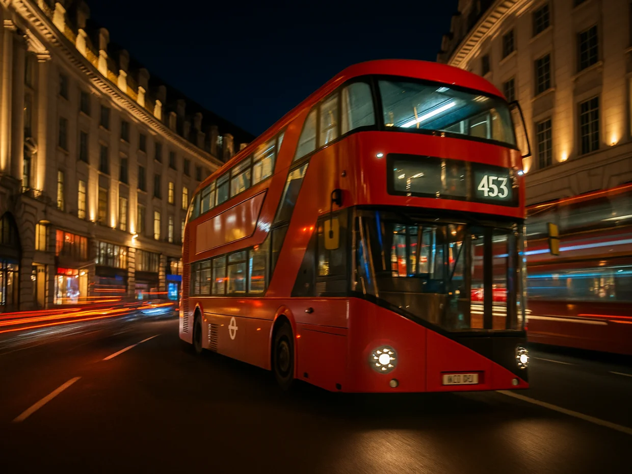 An iconic red London double-decker bus driving at night on a bustling Regent Street, its lights streaking under the ornate curve of shops - illustrating the city's vibrant, never-still transportation scene.