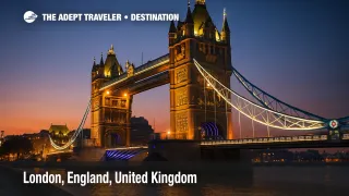 ower Bridge glowing at dusk, its lights reflecting on the Thames, viewed from a dramatic low angle.