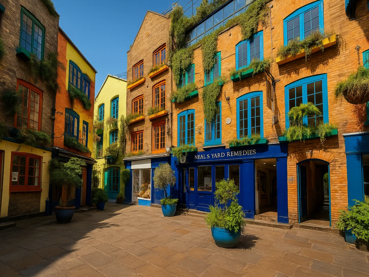 text: London's Neal's Yard, a small hidden courtyard bursting with colorful facades, potted plants, and cozy cafes that invite passersby to stop and relax.