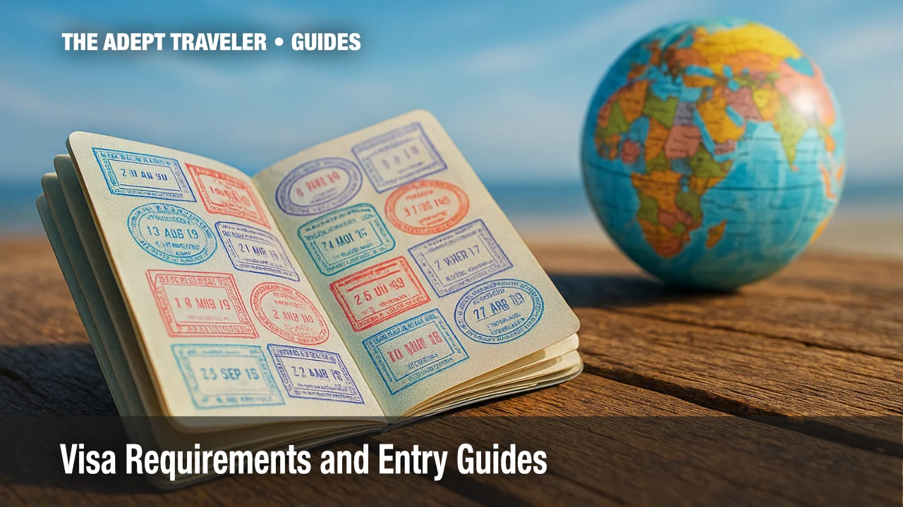 Visa requirements open passport with colorful entry stamps and globe on wooden table