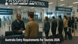 Travelers queue at Sydney Airport passport control, calmly presenting documents at booths that illustrate Australia tourist entry requirements.