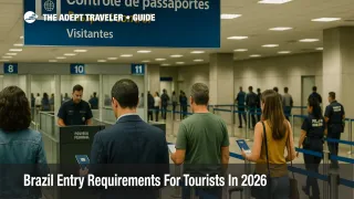 Travelers queue at Brazil passport control, presenting documents that illustrate current Brazil tourist entry requirements.