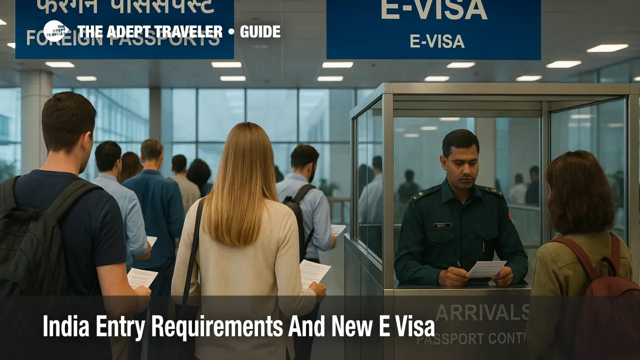 Travelers line up at India airport passport control, illustrating India e visa entry requirements in a calm arrivals hall.