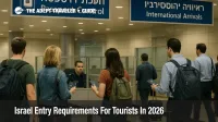 Travelers queue at Ben Gurion passport control, illustrating Israel tourist entry requirements with airport document checks.