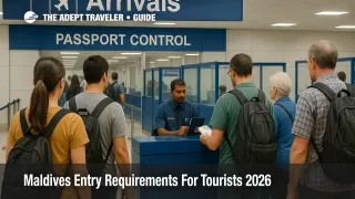 Travelers queue calmly at Maldives passport control, presenting documents that match Maldives tourist entry requirements.